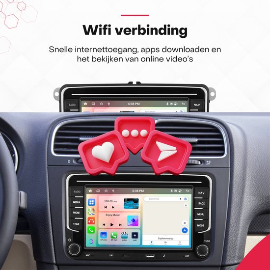 Multimediasysteem met wifi-verbinding, met icoontjes voor social media apps.