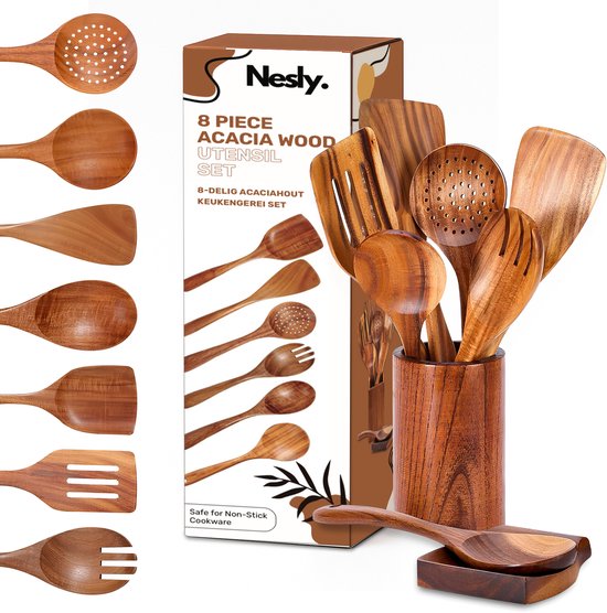 Nesly Keukengerei Set 8-Delig + Houder + Lepelhouder (9-Delig Totaal) - Keukengerei Hout - Acacia Hout - Hittebestendig - Keukengerei set - Keukengerei Houder - Houten Spatel - Keukengerei-sets - Spatels - Spatelpot