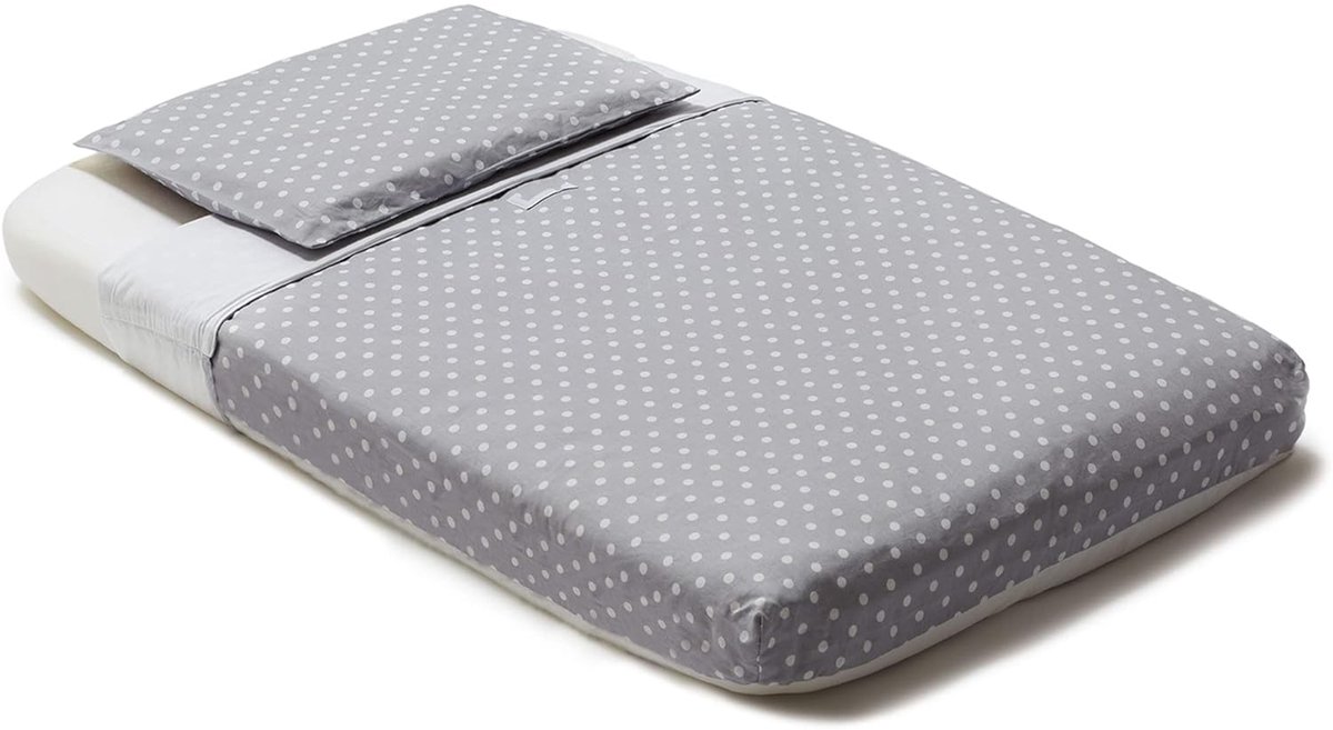 Image of 4-delige Wieg Beddengoedset – 100% Katoen – Hoeslaken 83x50 + Dekbedovertrek + Kussensloop + Dekbed – Grijs met witte Stippen motief | Perfect Kado