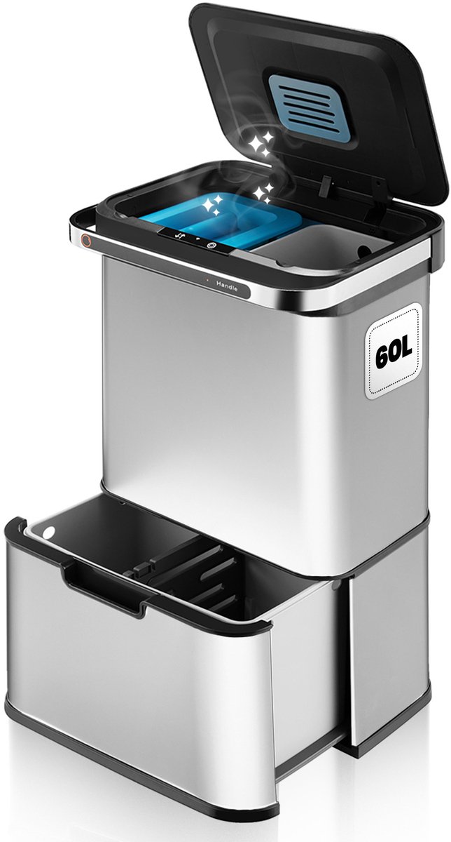 Hom&Com Prullenbak 3 Vakken 60L Grijs – Automatische Afvalbak met Sensor – Soft-Close Deksel, Ozonfunctie & Geurfilter voor Afvalscheiding