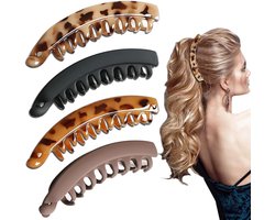 Bananenklem - 4 stuks - 13 cm - Staartsierklem - Bananen klem - Haarklem - Bananen clip - Haarknip - Haarclip - Anti Slip - Haarspeld - Haaraccessoire voor Vrouwen en Meisjes - Zwart, Koffie, Crème Amber, Koffie Amber