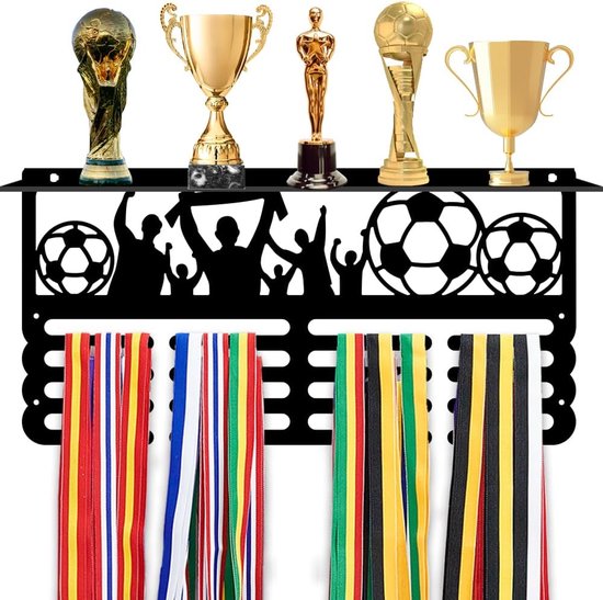 Foto: Trophy en medaillon display shelf met haken metalen trofee plank wandgemonteerde gelaagde award rek voor sportcompetitie atleten medailles awards