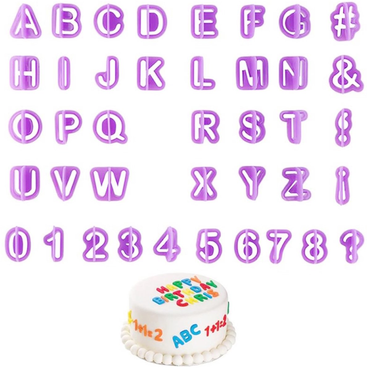 Fondant koekjesvormset (40 stuks), letters voor fondant, koekjesvormpjes, alfabet, cijfers voor het decoreren van suikerpasta, koekjes, taarten, bakaccessoires, met letters, cijfers en leestekens voor taartdecoratie