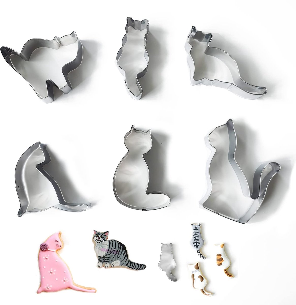 6 stuks koekjesvormpjes, koekjesvormpjes in de vorm van een kat, koekjesvormpjes van roestvrij staal, voor het bakken van fondant in de vorm van een kat voor kinderen, het bakken van fondantkoekjes