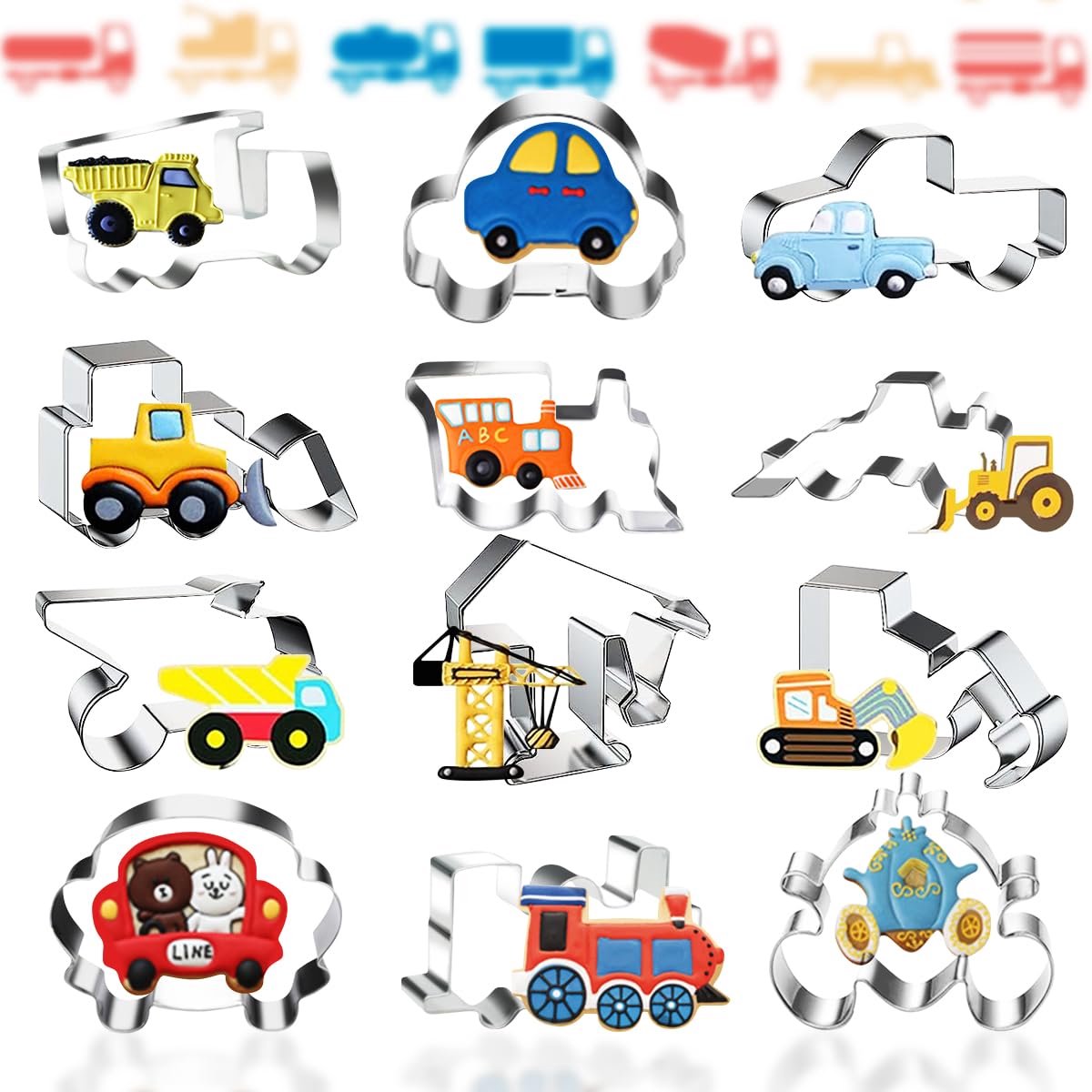 Koekjesvormpjes voor kinderen, 12 stuks auto-koekjesvormpjes, kerstkoekjesvormpjes van roestvrij staal, koekjesvormpjes voor de bouw, zelfgemaakt fondantkoekjesbrood, paas- en kerstversiering, themafeest