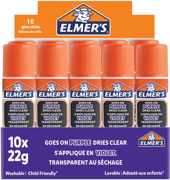 Bâtons de Elmer's avec de la colle violette qui disparaît | Sèche incolore | Idéal pour le bricolage et l'école | Lavable et adapté aux enfants | 22 grammes | 1 pièce