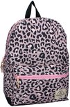 Roze rugzak met panterprint, roze ritsen en label.