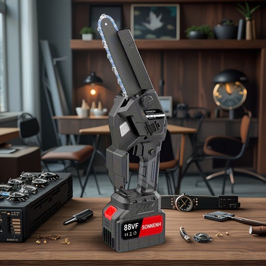 Accu kettingzaag met borstelloze motor en oliestysteem, 1500W, 2x3000mAH batterijen, 2 kettingen — afbeelding 4
