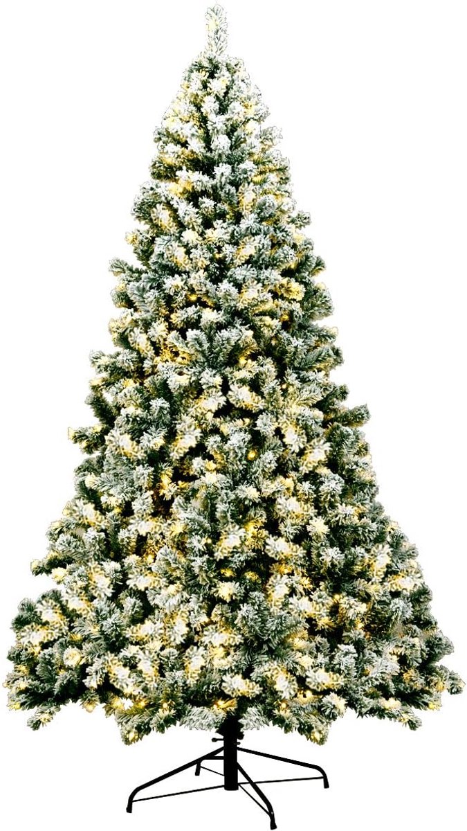 COSTWAY 225 cm Kunstkerstboom, pre-lit sneeuw bedekt scharnierende dennenboom met 550 warme LED-lampjes, stevige opvouwbare metalen standaard, volledige kerstboom (225cm)