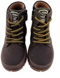 Bruine Develab halfhoge schoenen met gele veters, rits en "Develab Style" logo.