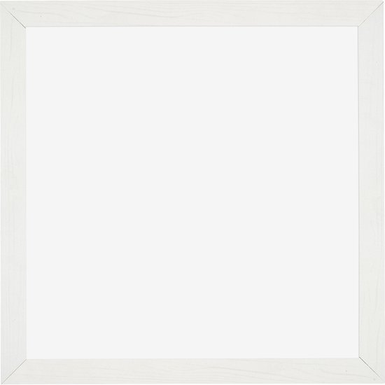 Een vierkante, witte fotolijst met een licht zichtbare houtnerf.