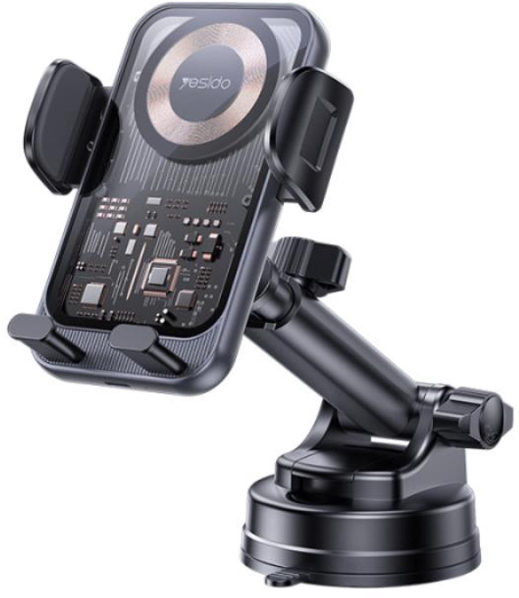 YESIDO C307 – Universele Telefoonhouder met Draadloos Opladen 15W – Voor Dashboard of Voorruit – Telescooparm – 360° Draaibaar – Zwart