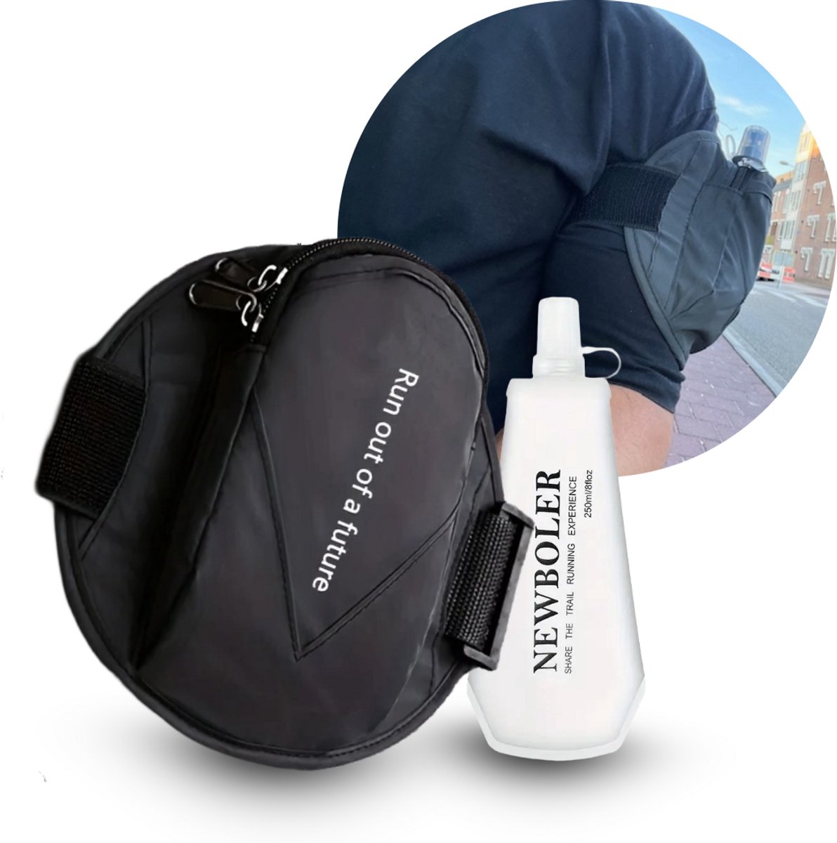 Run Out of a Future™- Hardloop Armstrap met 250ml Opvouwbare Drinkfles | Telefoonvak | Sleutelvak | Stevige Hardloopband Telefoonhouder | Waterfles Sportband | Drinkgordel | Running belt Bidonhouder | Soft Flask | Sport Arm Tas | Joggen | One size