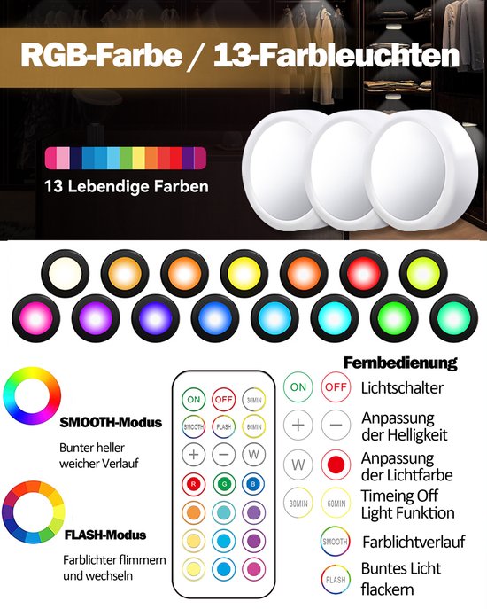 ibettertec - 3stuks LED kast wand nacht lamp - verlichting - 16 kleuren inclusief afstandbieding - nachtlampje - woonkamer slaapkamer - Trapverlichting draadloos - op batterijen van ibettertec — afbeelding 3