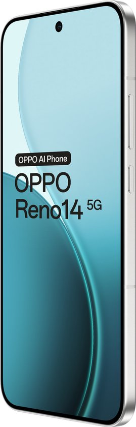 Vooraanzicht van een witte Oppo Reno14 5G telefoon met een scherm waarop het logo en de modelnaam staan.