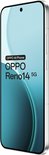 Vooraanzicht van een witte Oppo Reno14 5G telefoon met een scherm waarop het logo en de modelnaam staan.