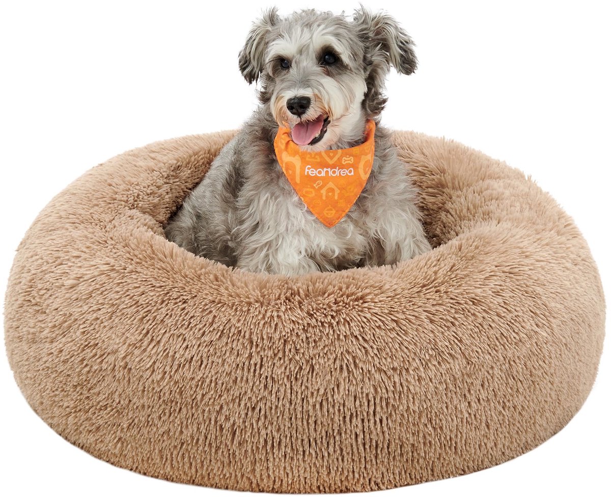 Feandrea Hondenbed, Fluffy Kattenbed, Donutkussen, Wasbaar, Uitneembare Middenvulling, Lange Pluche, Diameter 70 cm, Camelbruin PGW039K01