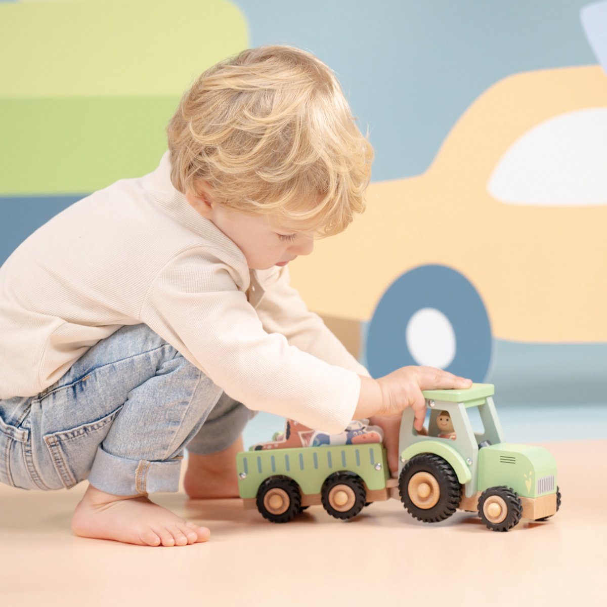 Woet® Houten Tractor met Aanhanger - Inclusief 5 Boerderijdieren - Groen - Educatief Speelvoertuig - Rollenspel Speelgoed - Vanaf 18 Maanden — afbeelding 4