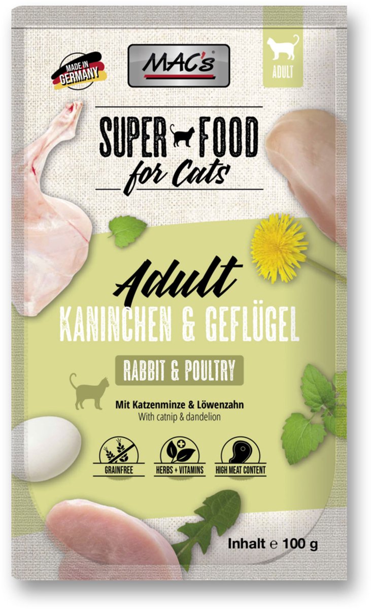 MACs Mac’s Kattenvoer Natvoer Maaltijdzakjes - Konijn & gevogelte - 12 x 100g