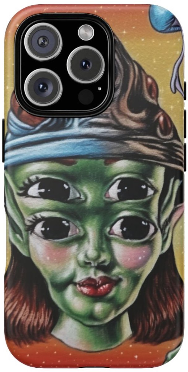 Vierogige Alien met Kosmische Elementen – Telefoonhoesje Geschikt voor iPhone 16 Pro