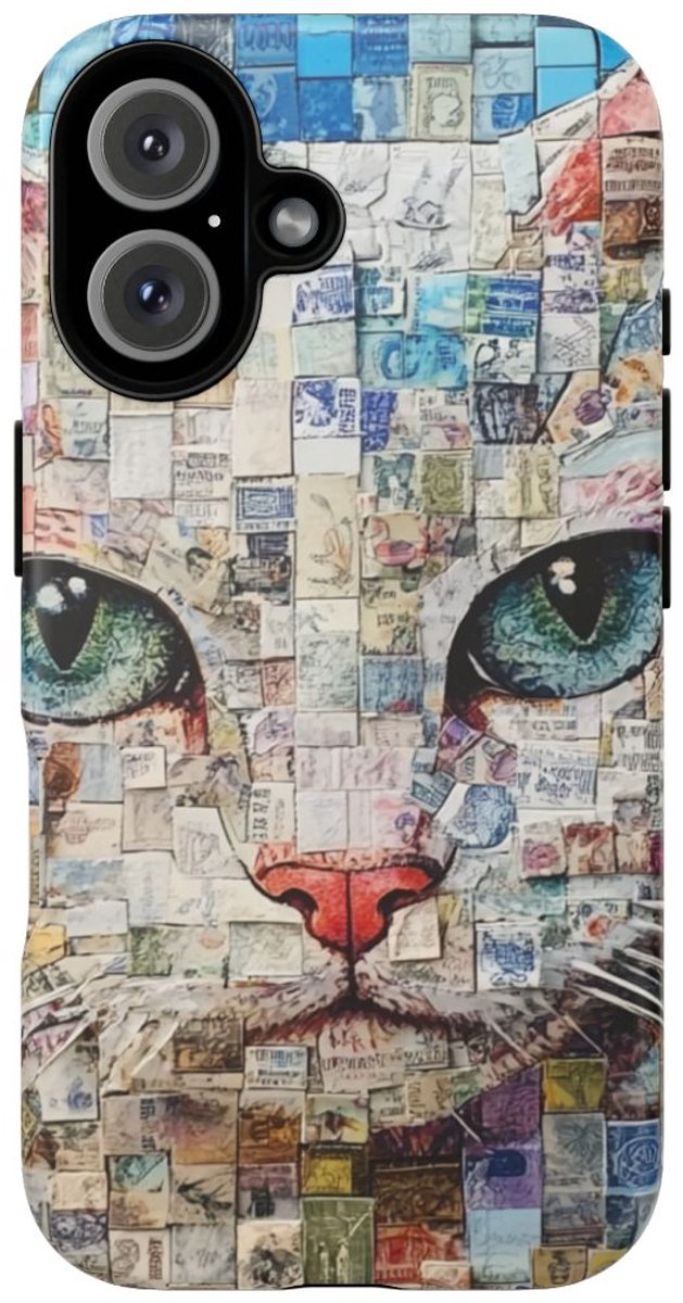 Kattengezicht Collage met Blauwe Achtergrond – Telefoonhoesje Geschikt voor iPhone 16