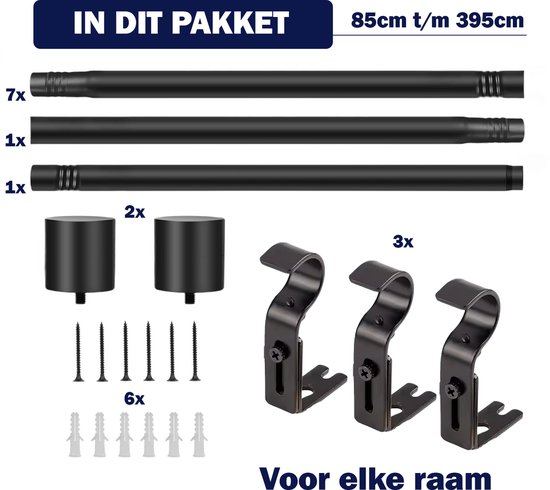 Zwarte gordijnroede set met stangen, eindkappen en bevestigingsmateriaal.