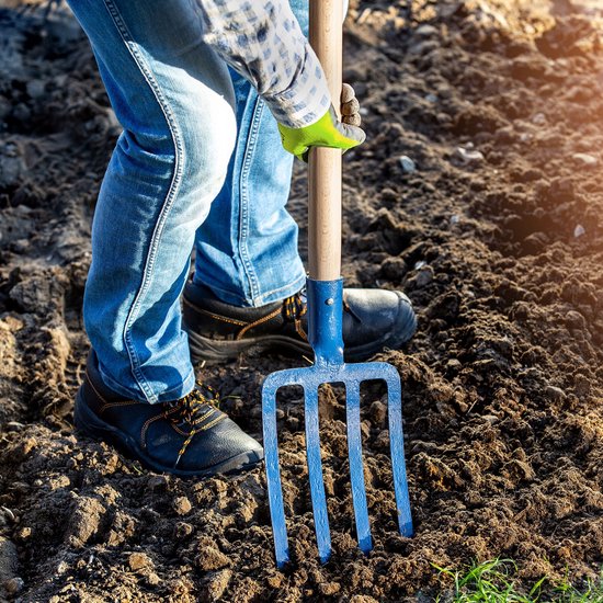 KADAX Hooivork, grafvork met D-greep, mestvork met kop van hoogwaardig staal, ergonomische vork voor tuin, vork, spad, onkruid, stenen, tuinvork, houten steel van Merkloos	 — afbeelding 2