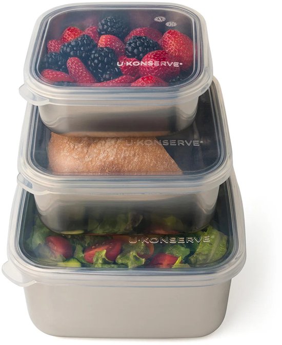 U-Konserve - Contenants alimentaires carrés en acier inoxydable avec couvercles en silicone - Trio gigogne (ensemble de 3) - Transparent