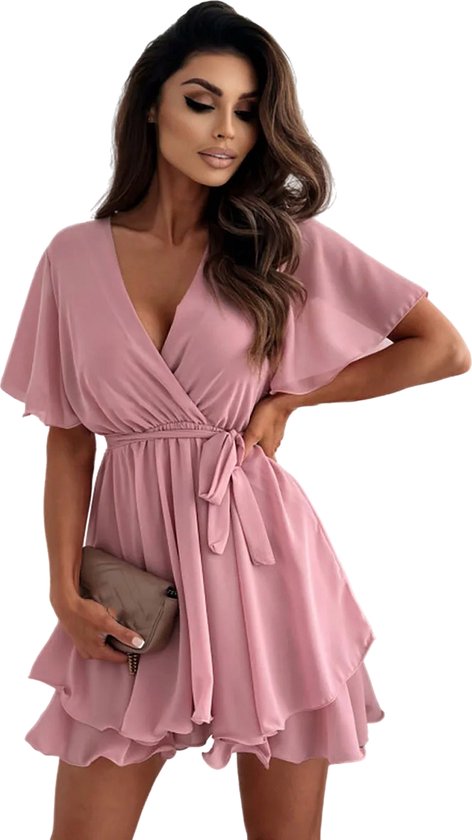 Robe superposée pour femme - Satin - Rose - Ceinture - Robe - Taille L
