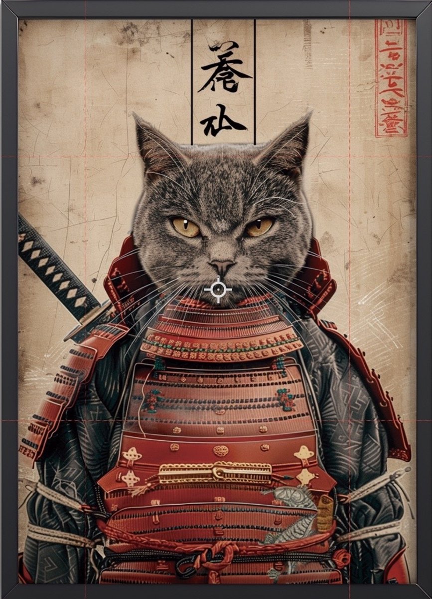 Kat als Samoerai Poster Ingelijst– 30x45 cm met Lijst | Japanse Kunstprint in Edo-Stijl – Unieke Wanddecoratie voor Woonkamer of Studio