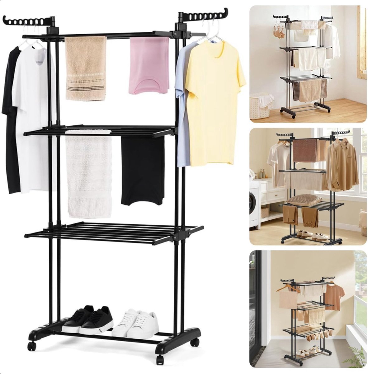 Thuys – Droogtoren 4 Verdiepingen – Droogtoren – Droogrek – Opvouwbaar – 40m Linnen Lengte – 10 x 10 x 10cm – Zwart