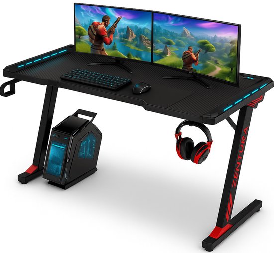 Zentura Game Bureau Met LED Verlichting - 140x60x73 CM - Game Desk - Gaming Bureau - Gaming Desk - Computerbureau - Gaming Bureaus - Vaderdag Cadeau