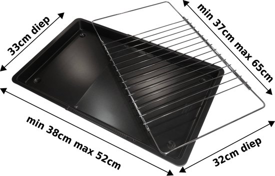 Zwarte bakplaat met zilverkleurig ovenrek en afmetingen: breedte 38-52cm, diepte 32-33cm.