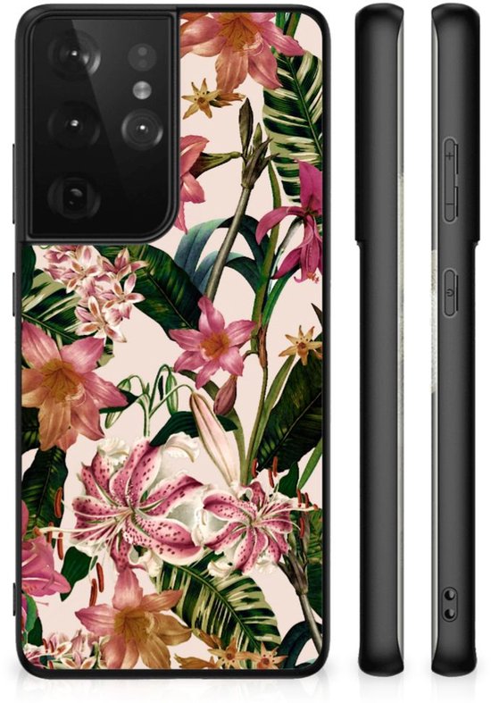 Coque arrière en TPU mignonne pour Samsung Galaxy S21 Ultra avec Fleurs à bordure noire