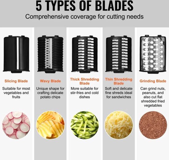 Râpe électrique Mercadome® - Râpe - Cutter - Nettoyage facile - Conception sûre - Incl. Cinq Couteaux en acier inoxydable - 250W - 285x135x305mm