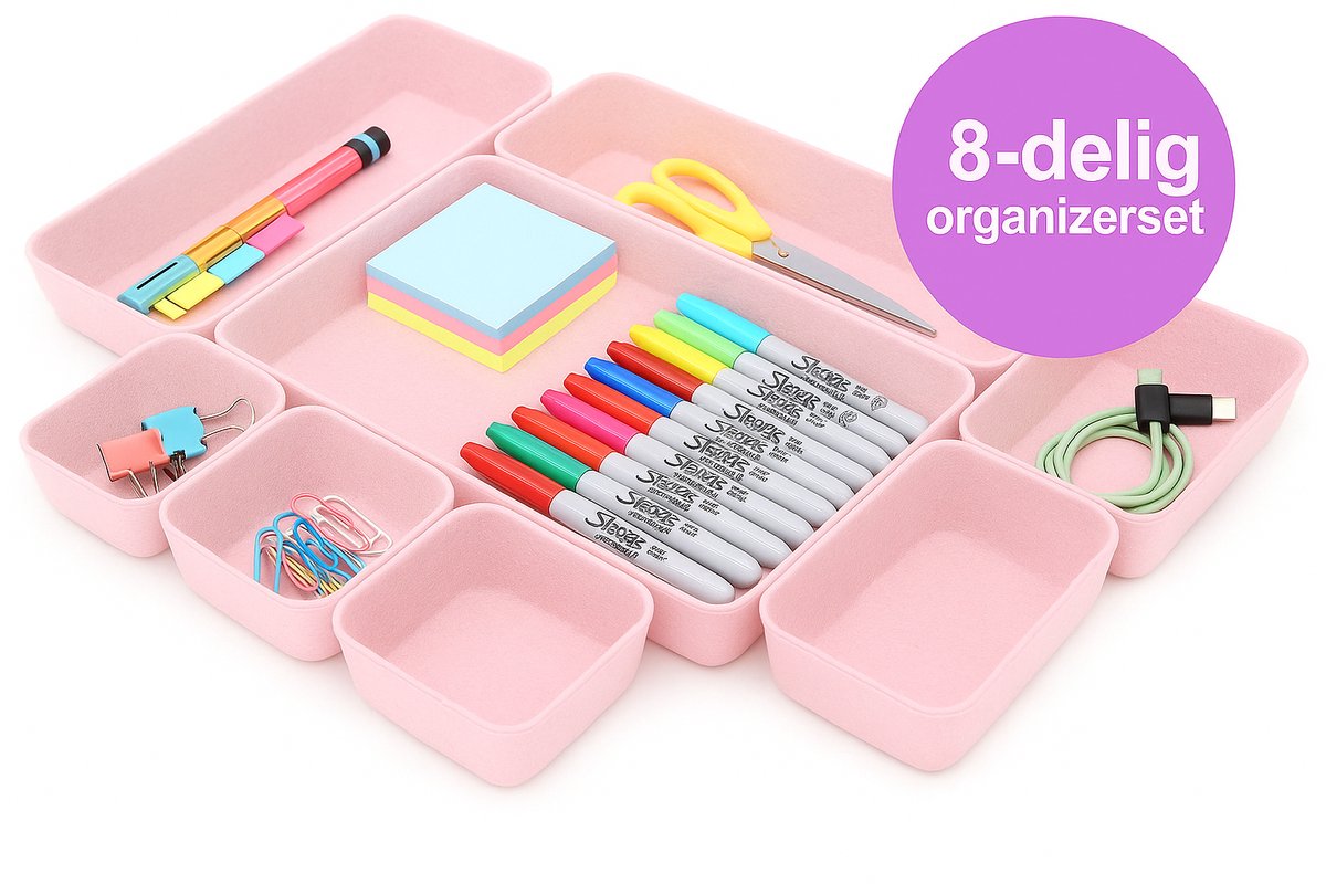 8-delige Organizer Set van Vilt – roze - ladeverdeler – bureau organizer – bakjes - opbergset
