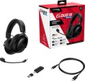 Zwarte HyperX Cloud III S Wireless headset en toebehoren, met verpakking.