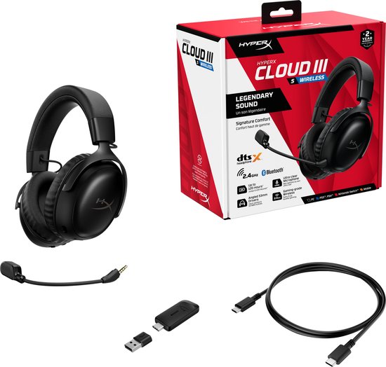 Zwarte HyperX Cloud III S Wireless headset en toebehoren, met verpakking.