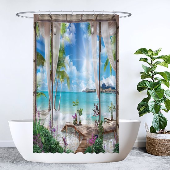 Rideau de douche représentant une plage tropicale: palmiers, mer turquoise, ponton et fleurs.