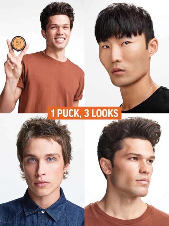 Collage van vier mannen met verschillende kapsels, één man houdt een pot American Crew Matte Clay vast. Tekst: 1 PUCK, 3 LOOKS.