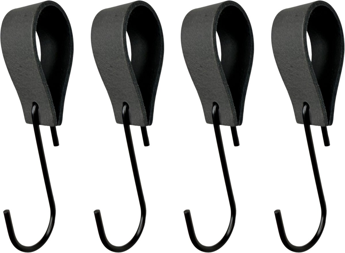 Leathergoodz - Leren S-haak hangers - Antraciet - 4 stuks - 16 x 2,5 cm - max ø38mm - Leer - handdoekhaakjes - Ophanghaken – kapstokhaak