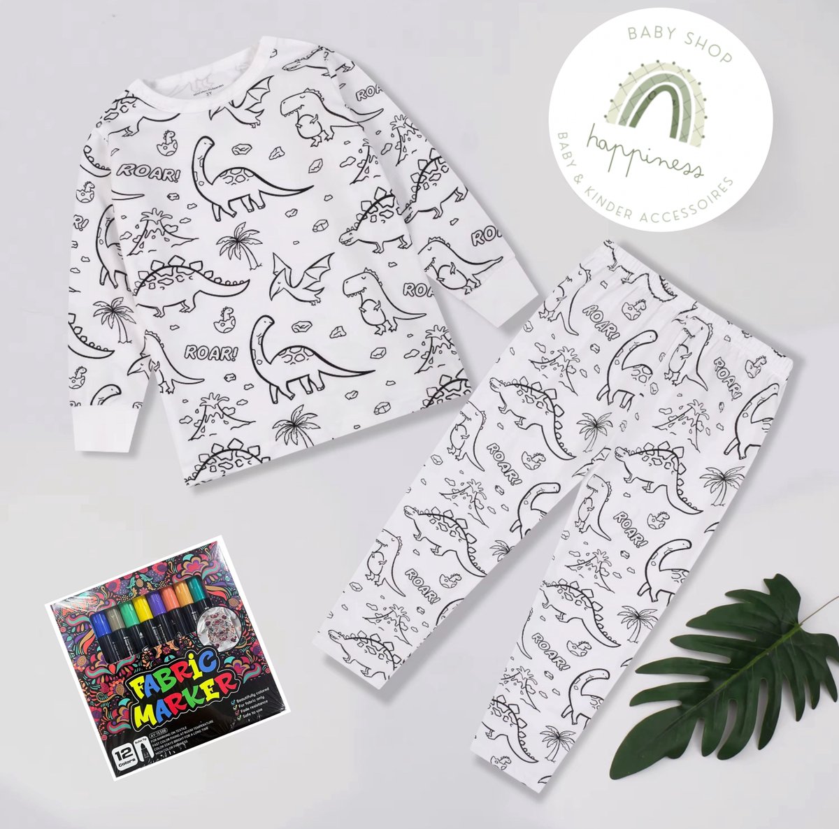 Pyjama Dino - Dinosaurus - om zelf in te kleuren - cadeautip - verjaardag - met 12 textielstiften - maat 128 - 7 jaar