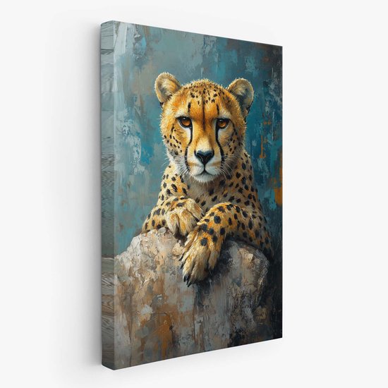 FineArtia - Rustende cheetah op rots - Canvas Schilderij - 40 x 60 cm - Woonkamer Decoratie - Bruin - Slaapkamer Schilderij - Wanddecoratie
