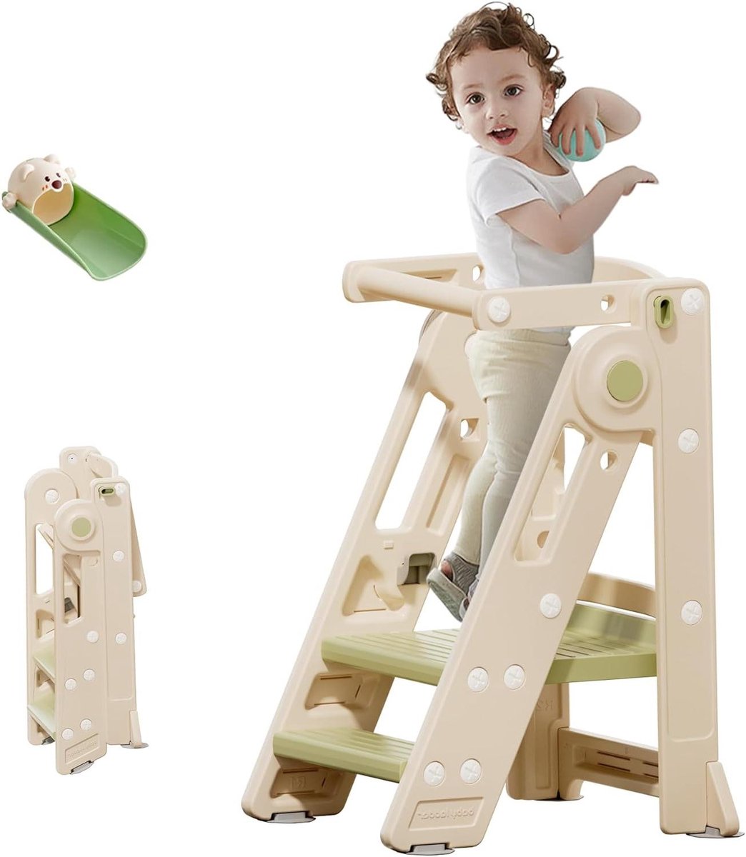 Kids Learning Tower Height Adjustable Montessori Stool Versatile Montessori Stairs for Kids (Classic Green) Foldable