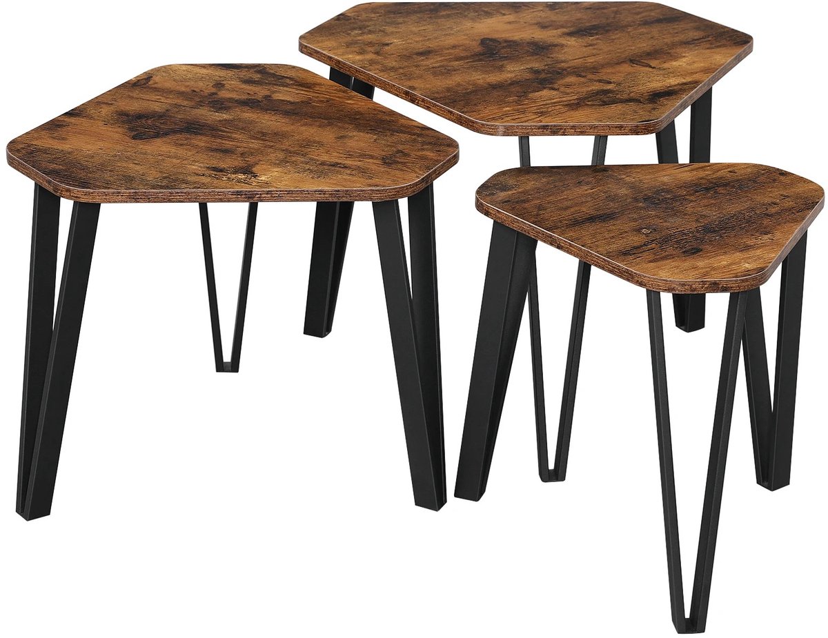 Mila Shop Bijzettafelset - 3 stuks - Salontafelset - Tafeltjes - Metalen poten - Decoratief eenvoudig ontwerp - Zwart/Bruin