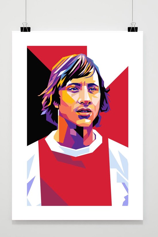 Pop art van Johan Cruijff met veelkleurig haar, rode en witte kleding, tegen een achtergrond van zwart, rood en wit.