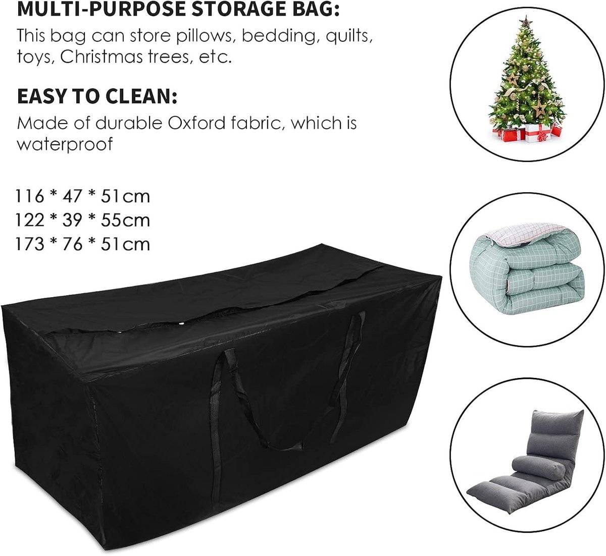 Opbergtas voor tuinkussens, 210D Oxford-stof, kussenhoezen voor buitenkussen, transporttas, waterdicht, voor kussens met handvat (173 x 76 x 51 cm