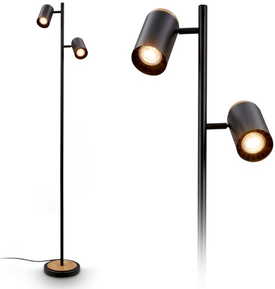 BRILONER Duta - Vloerlamp met 2 lichts – GU10 fitting – zwenkbaar – staande lamp met schakelkabel – zwart en hout – 26x26x159,5 cm