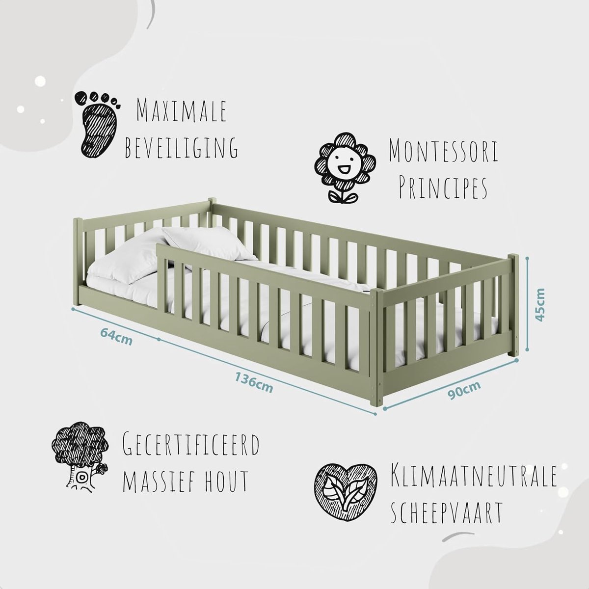 FEEOHOME Kinderbed 140 x 200 cm, kinderbed Aver barrière en lattenbodem, Montessori-bed, vloerbedden voor baby's van massief grenenhout, voor kinderen en baby's