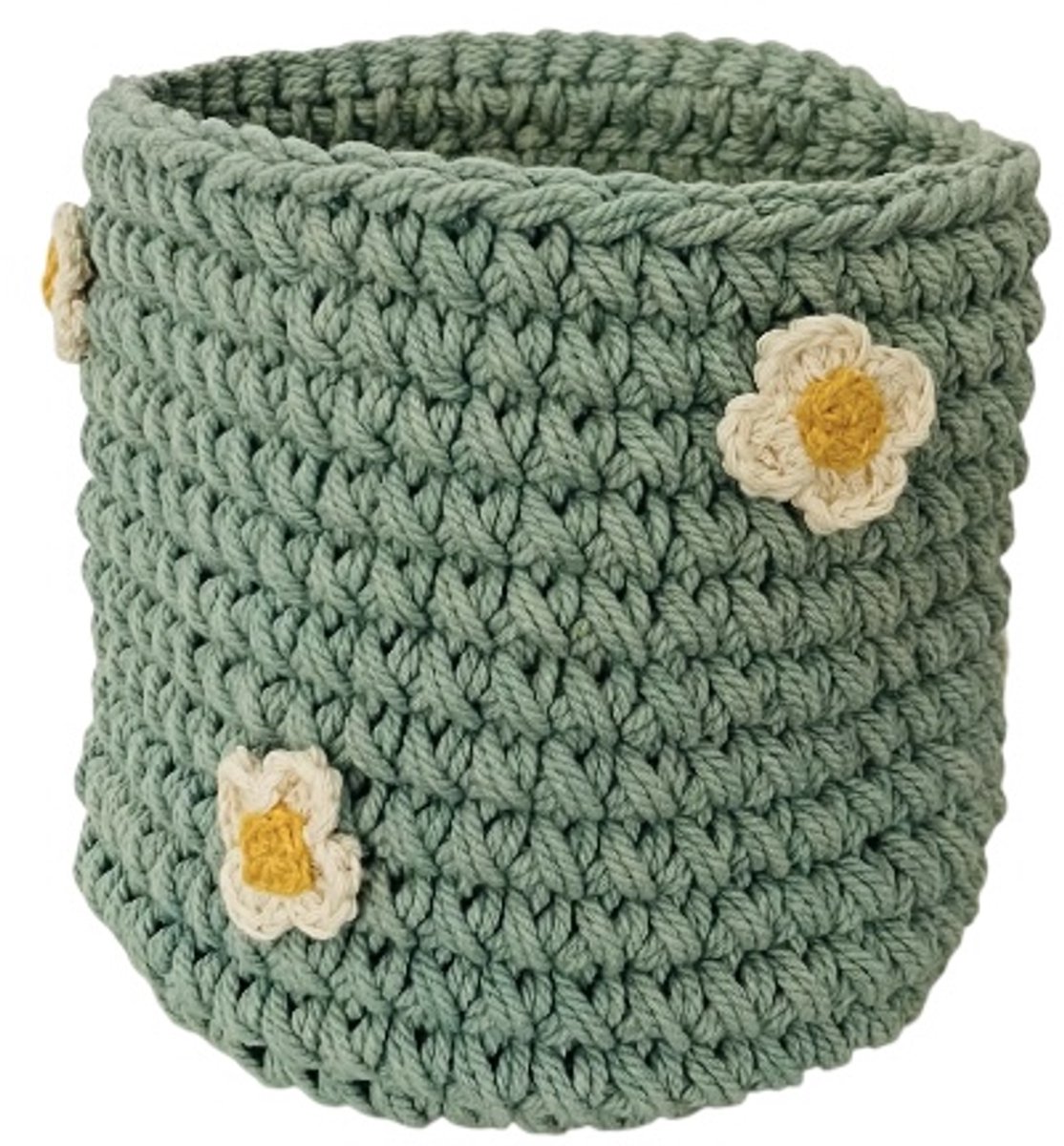 Luna-Leena sustainable basket with flowers - sea green - H13x12øcm - thick cotton - hand crochet in Nepal - opberger - plantenmand - kinderkamer - kamerdecoratie - basket